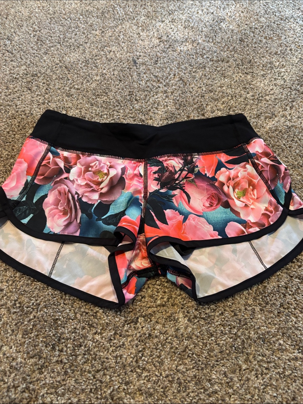 lululemon athletica Black Waistband Pink Floral Athletic Shorts